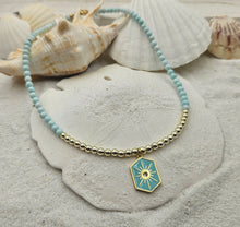 Peruvian Pale Aqua with Gold Beads and Pave Crystal Aqua Sunburst Pendant