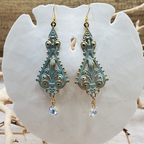Brass Patina Filigree Swarovski Crystal Earrings