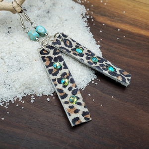 Turquoise Leopard Print Leather Swarovski Earrings