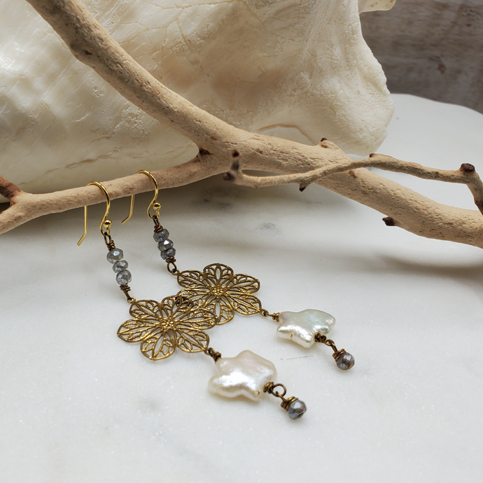 Gold Flowerette Labradorite Pearl Drop Earrings
