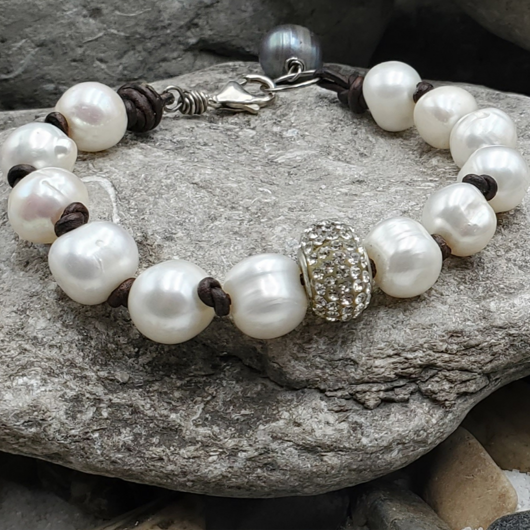 Leather Knot Pearl Micro Pave Crystal Bracelet