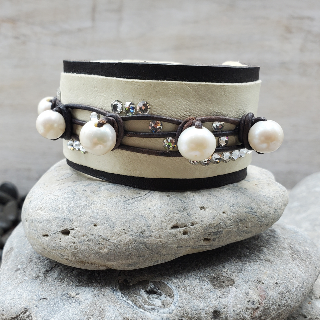 Leather Pearl Swarovski Crystal Cuff