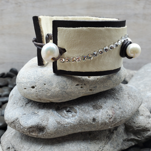 Leather Pearl Swarovski Crystal Cuff