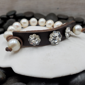 Pearl Leather Swarovski Crystal Fleurette Bracelet