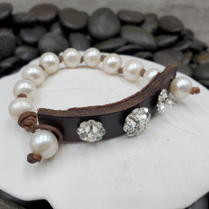 Pearl Leather Swarovski Crystal Fleurette Bracelet