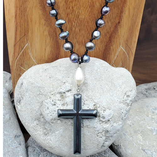 Pearl Hematite Cross Necklace