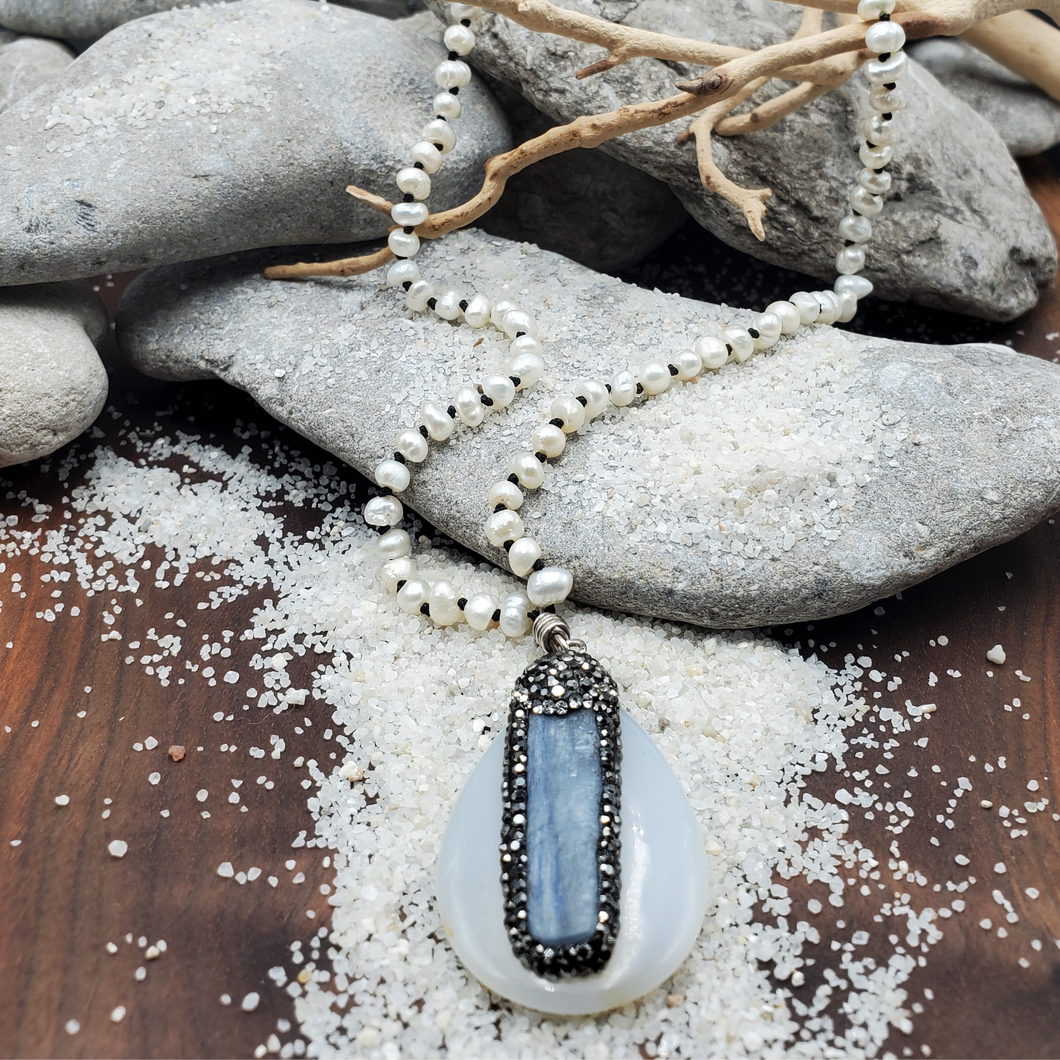 Pearl Pave Crystal Encrusted Kyanite Agate Necklace