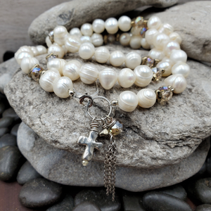 Pearl Crystal  Cross Charm Multi-Wrap Bracelet