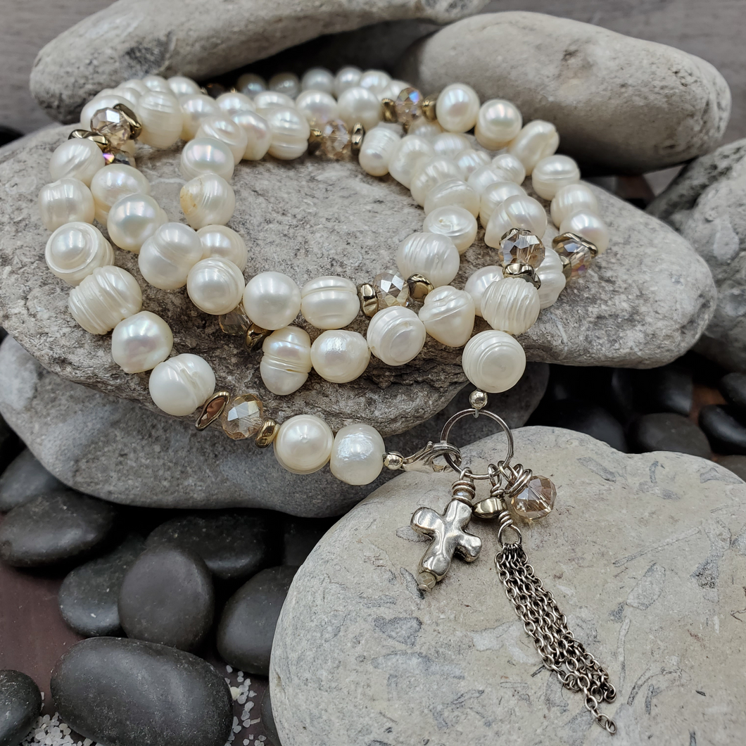 Pearl Crystal  Cross Charm Multi-Wrap Bracelet