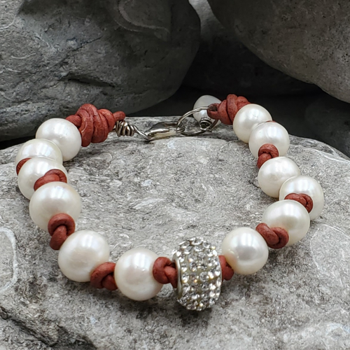 Leather Knot Pearl Micro Pave Crystal Bracelet