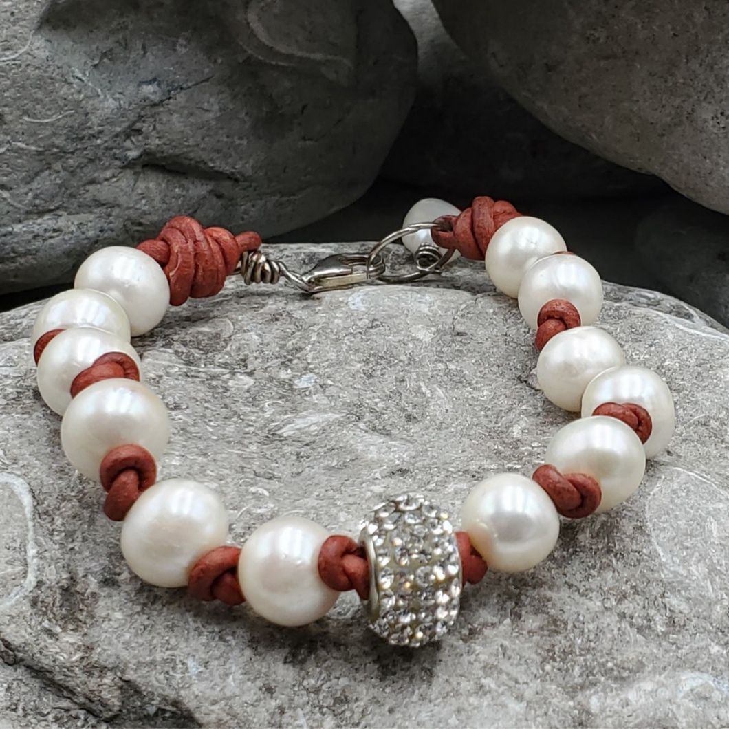 Leather Knot Pearl Micro Pave Crystal Bracelet