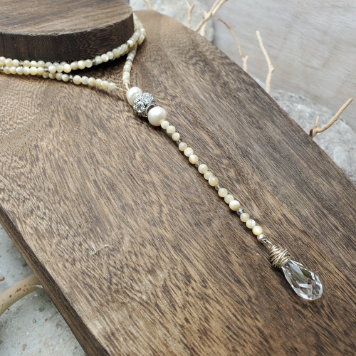Champagne Shell Pearl Crystal Lariat Necklace